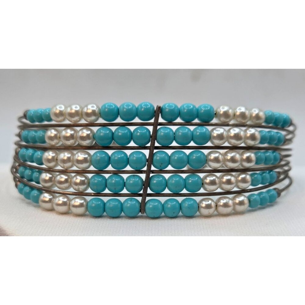 Vintage Wire Cuff Bracelet With Faux Turquoise & Faux Pearl Beads